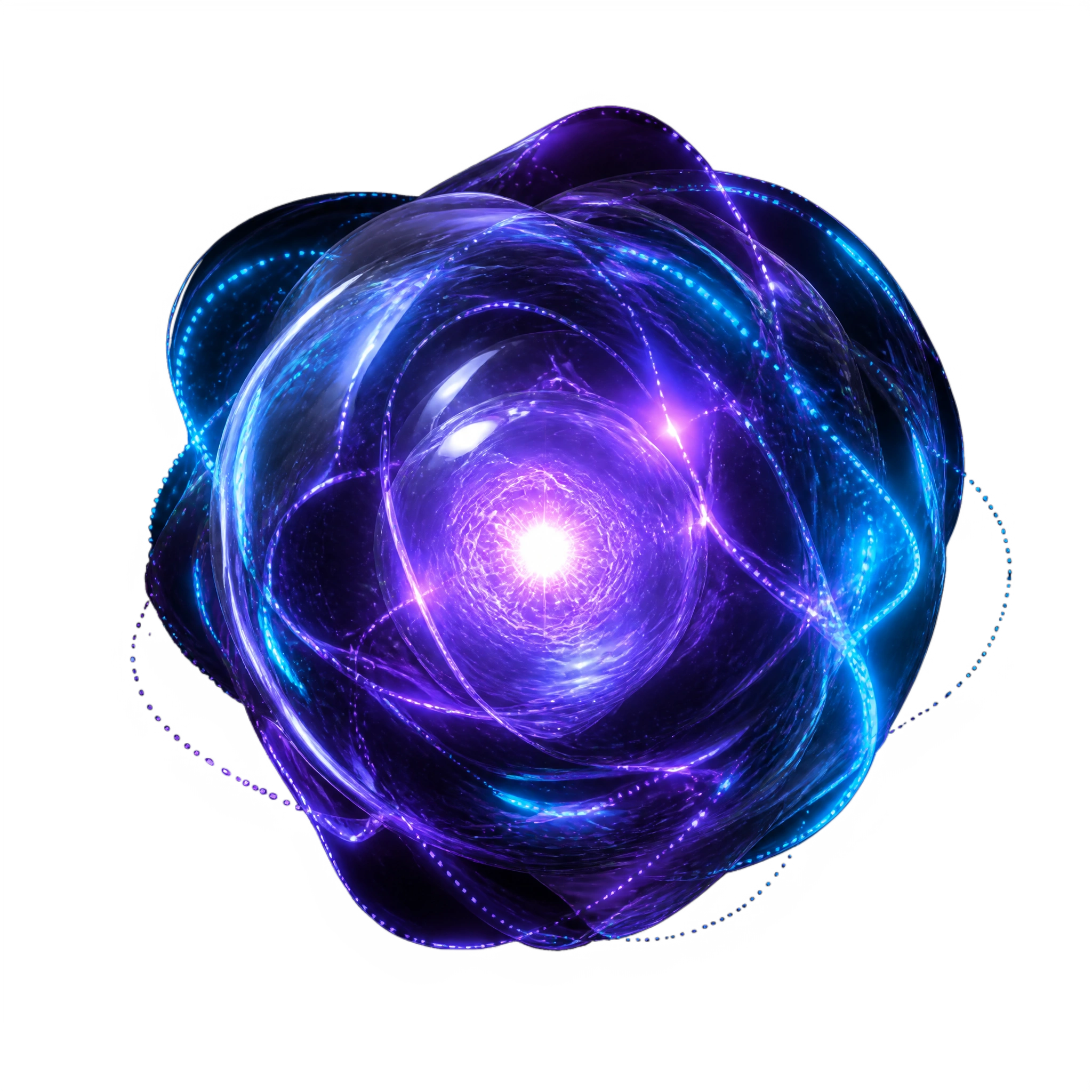 A glowing abstract AI object with signature purple and blue accents.